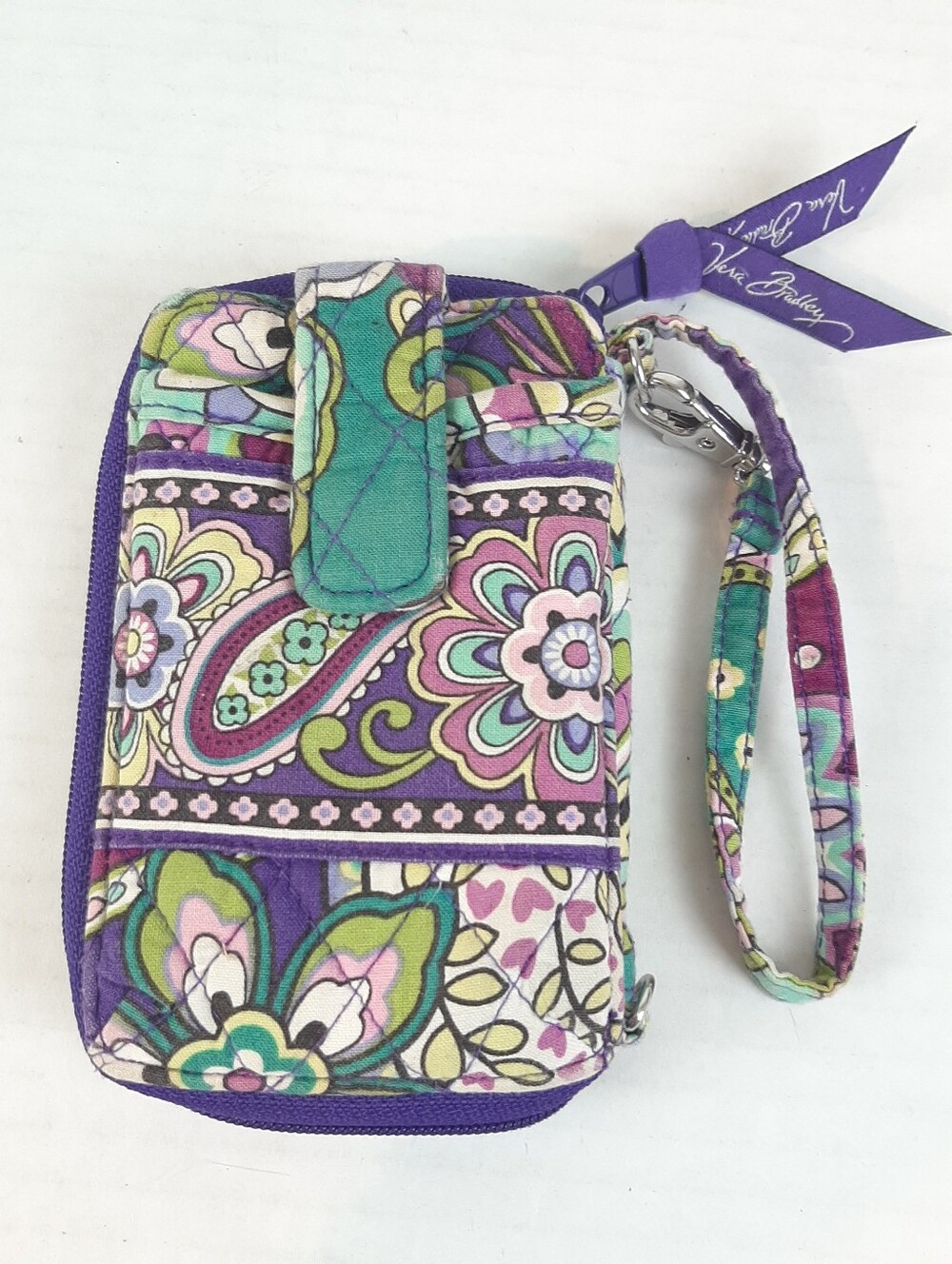 🛍Vera Bradley Heather Paisley Purple Green Quilted Phone Wristlet ID Wallet